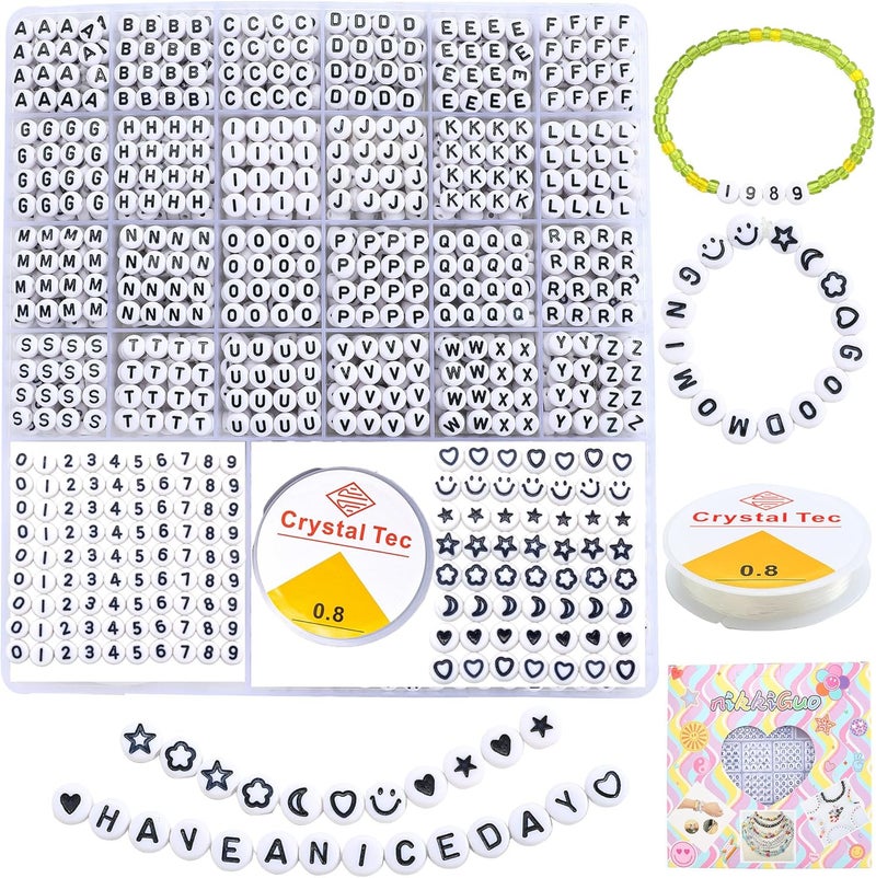 nikkiGuo 1250 PCS Letter Beads Kit with Elastic Cord – Alphabet A–Z, Numbers, Heart, Moon, Star, Smiley Beads for Friendship Bracelets & DIY Jewelry (White Beats & Black Letters) - Image 1